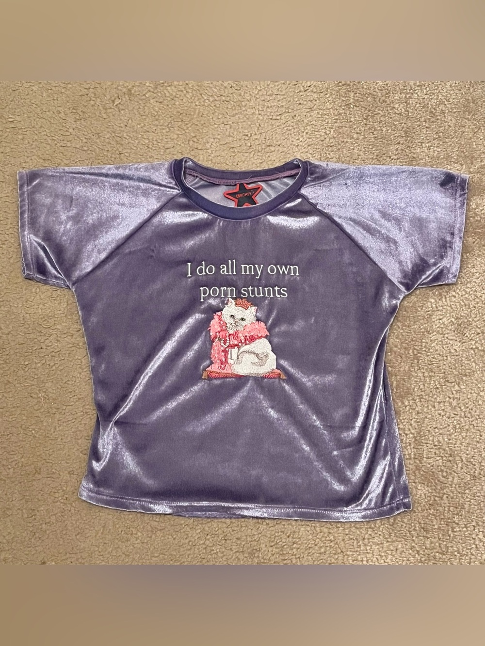 O-Mighty purple velvet embroidered cat cropped t-shirt small